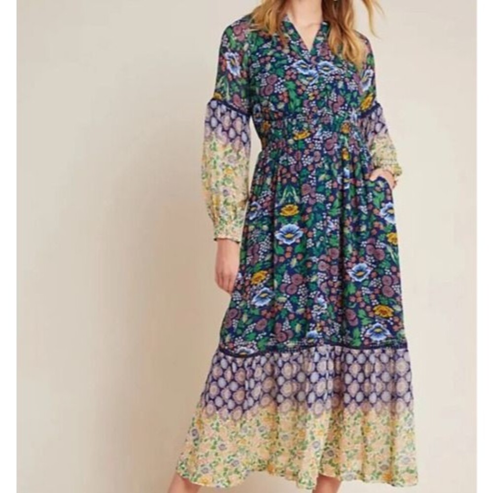 Anthropologie Maeve Ondine Bohemian floral Long Sleeve Maxi Dress Medium